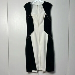 Cache square neck zipper black and white cocktail dress size 2
